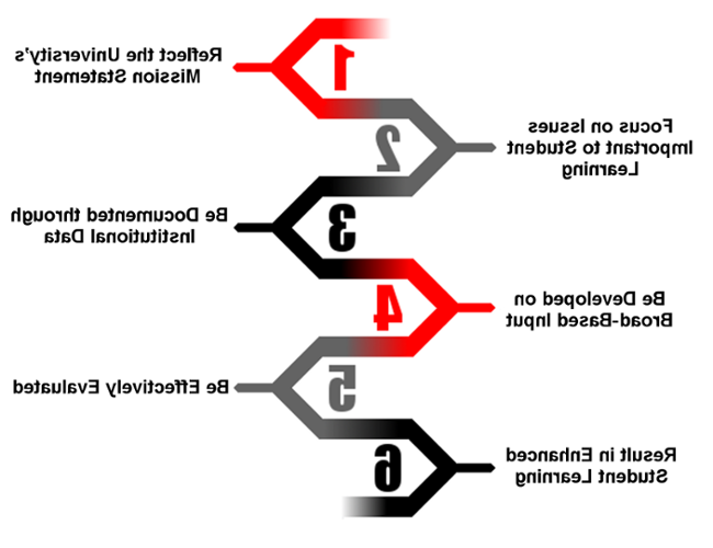 1. Reflect the University's Mission Statement 2. Focus on Issues Important to Student Learning 3. Be Documented through Institutional Data 4. Be Developed on Broad-Based Input 5. Effectively Evaluated 6. Result in Enhanced Student Learning